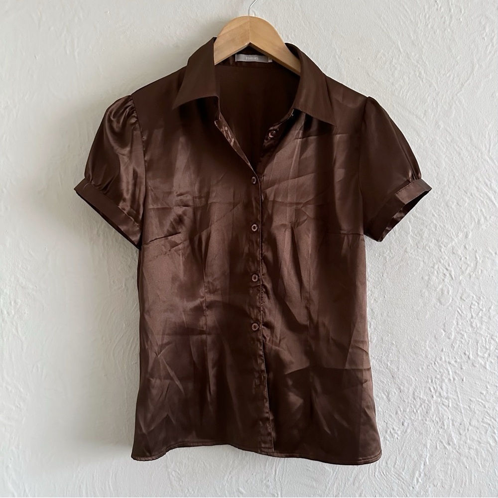 Y2K Brown Satin Short Sleeve Blouse Button Up Shirt Size 6